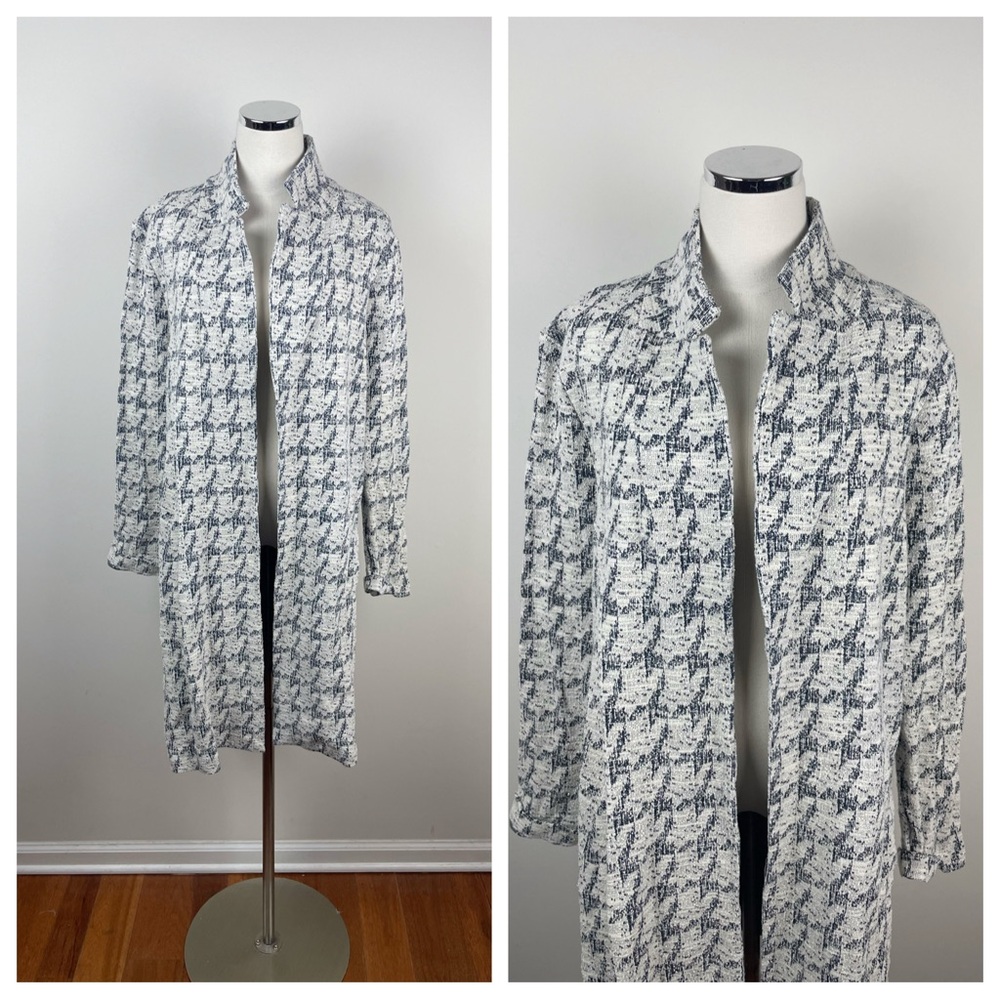 Melloday Black White Tweed Open Front Long Duster Jacket Coat Women New